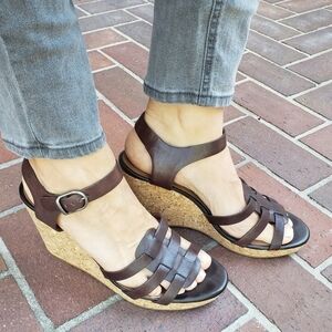 Lucky Brand Willows Cork Wedge Platform Huarache Sandal Brown Leather Size 10